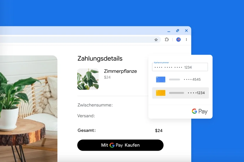 Auf einer Website, auf der Pflanzen verkauft werden, werden Optionen zur Verwendung von Google Pay angezeigt.